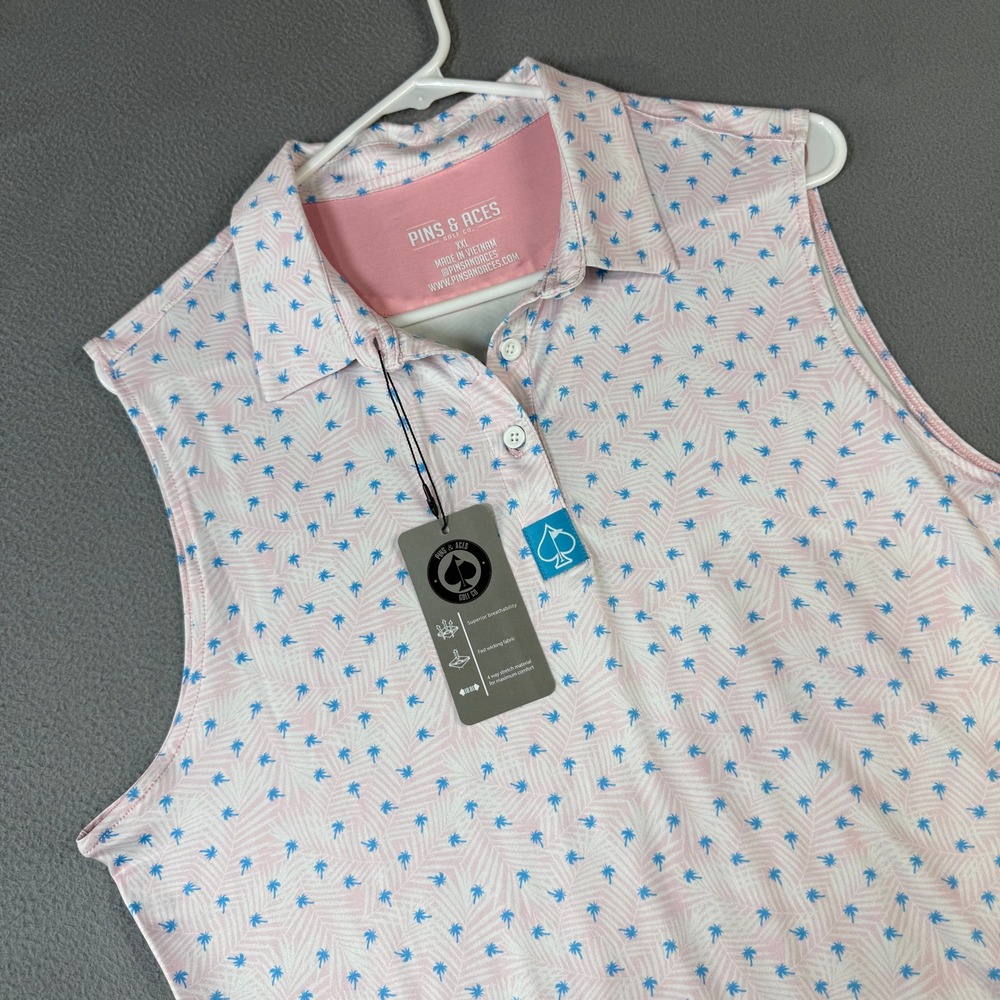 Pins & Aces Womens XXL Sleeveless Golf Polo Pink Blue Palm Tree Tropical NWT